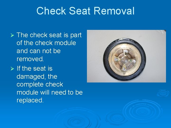 Check Seat Removal The check seat is part of the check module and can