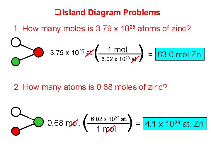  Island Diagram Problems 1. How many moles is 3. 79 x 1025 atoms