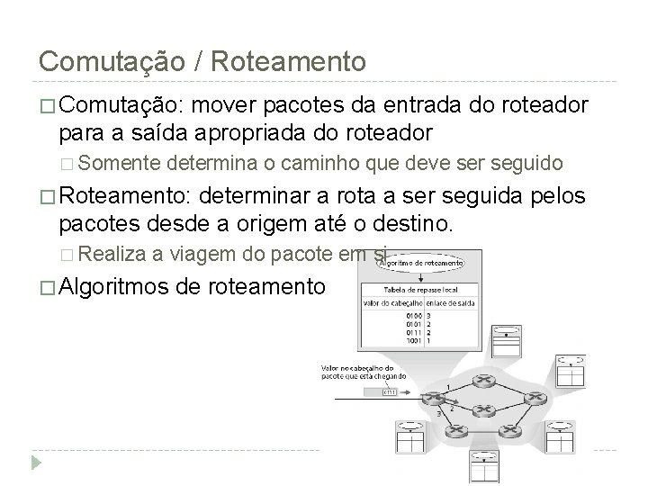 Comutação / Roteamento � Comutação: mover pacotes da entrada do roteador para a saída