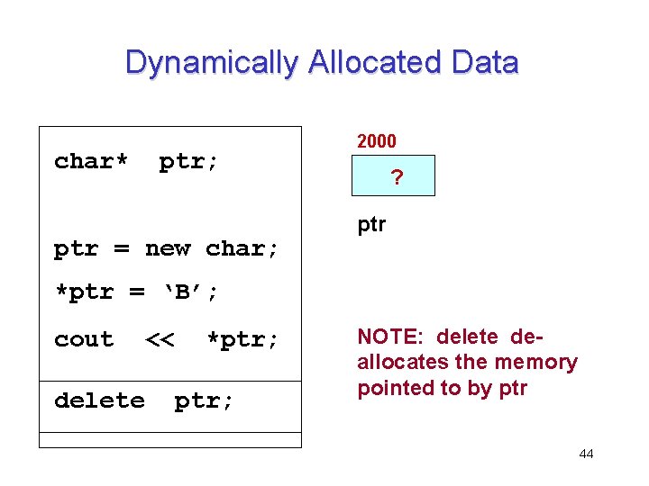 Dynamically Allocated Data char* ptr; ptr = new char; 2000 ? ptr *ptr =