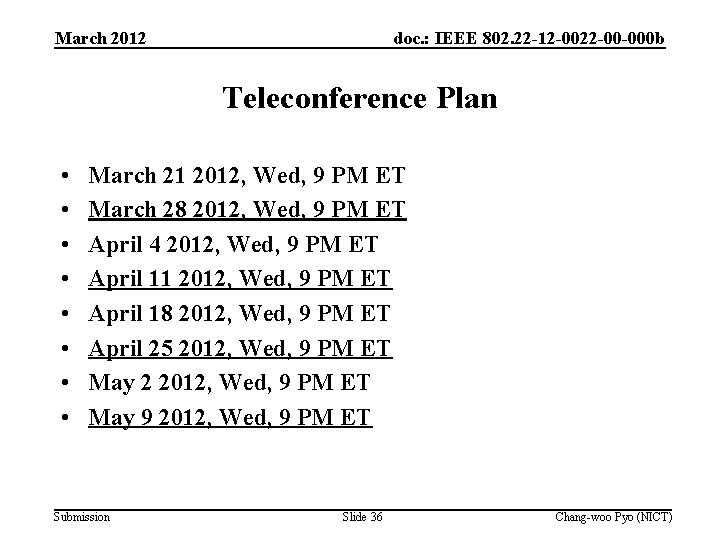 March 2012 doc. : IEEE 802. 22 -12 -0022 -00 -000 b Teleconference Plan