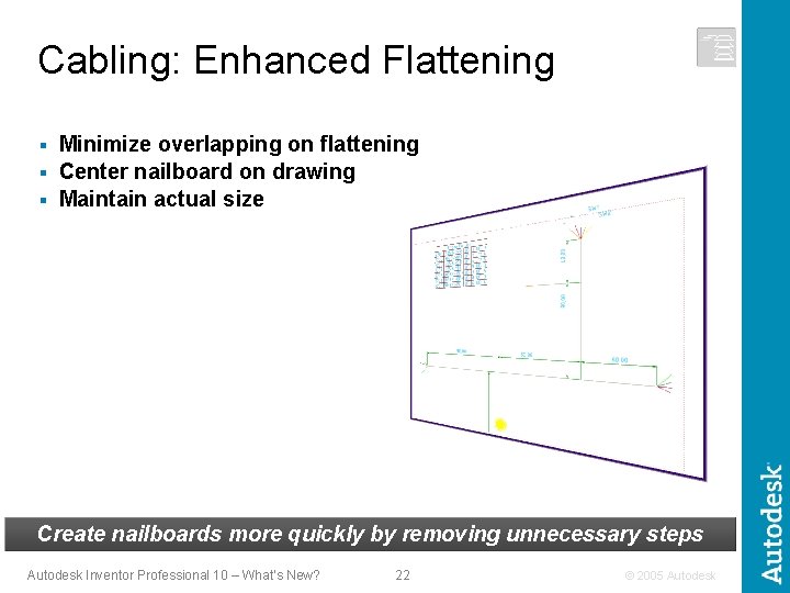 Cabling: Enhanced Flattening Minimize overlapping on flattening § Center nailboard on drawing § Maintain