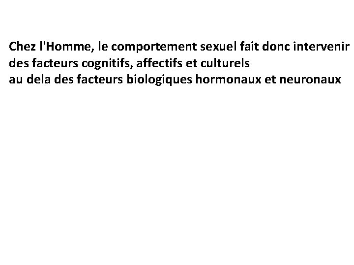 Chez l'Homme, le comportement sexuel fait donc intervenir des facteurs cognitifs, affectifs et culturels