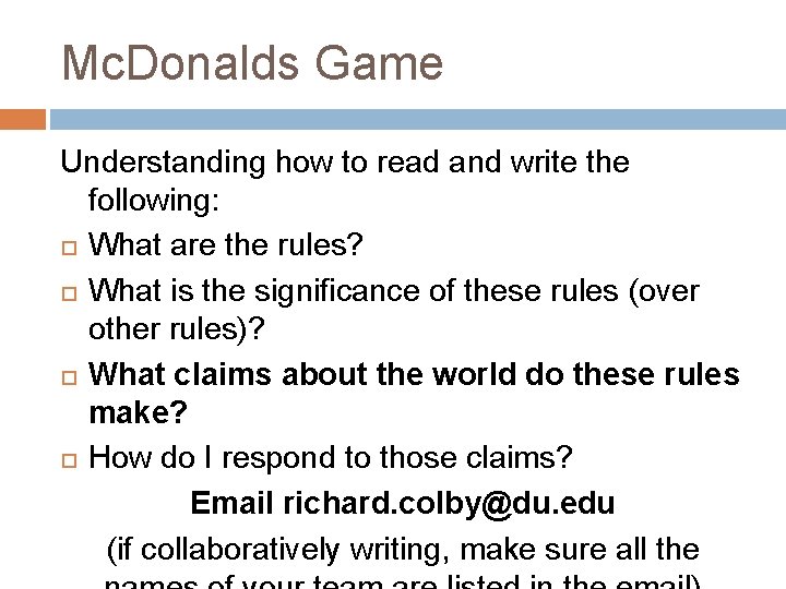 Mc. Donalds Game Understanding how to read and write the following: What are the