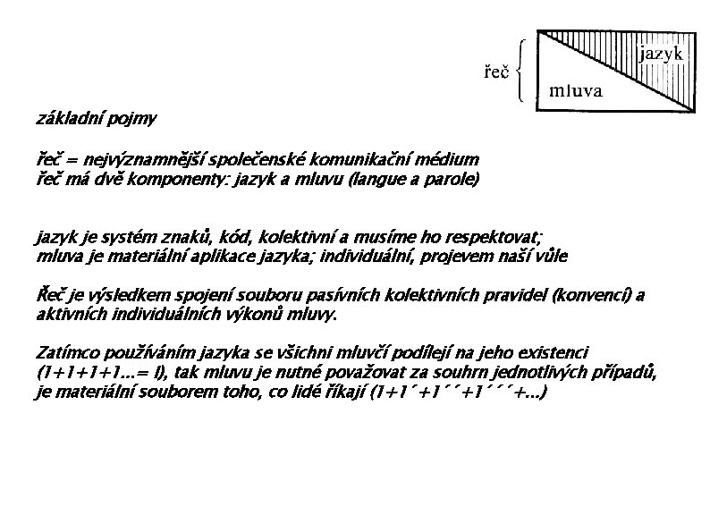 základní pojmy řeč = nejvýznamnější společenské komunikační médium řeč má dvě komponenty: jazyk a