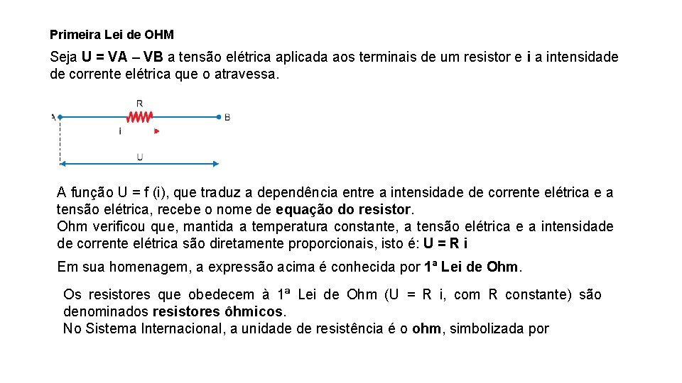 Primeira Lei de OHM Seja U = VA – VB a tensão elétrica aplicada