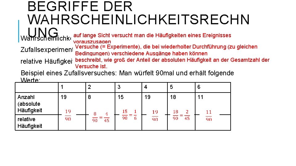 BEGRIFFE DER WAHRSCHEINLICHKEITSRECHN UNG Wahrscheinlichkeit: auf lange Sicht versucht man die Häufigkeiten eines Ereignisses BEGRIFFE DER WAHRSCHEINLICHKEITSRECHN UNG Wahrscheinlichkeit: auf lange Sicht versucht man die Häufigkeiten eines Ereignisses