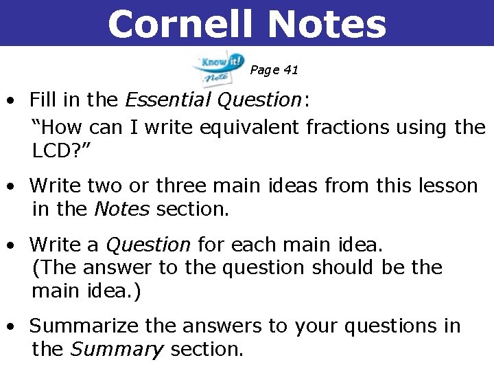 Cornell Notes 1 -1 Understanding Points, Lines, and Planes Page 41 • Fill in