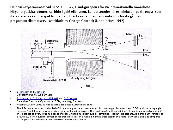 Delbruckexperimentet vid DESY 1969 72, Lund gruppens första internationella samarbete. Högenergetiska fotoner, spridda i