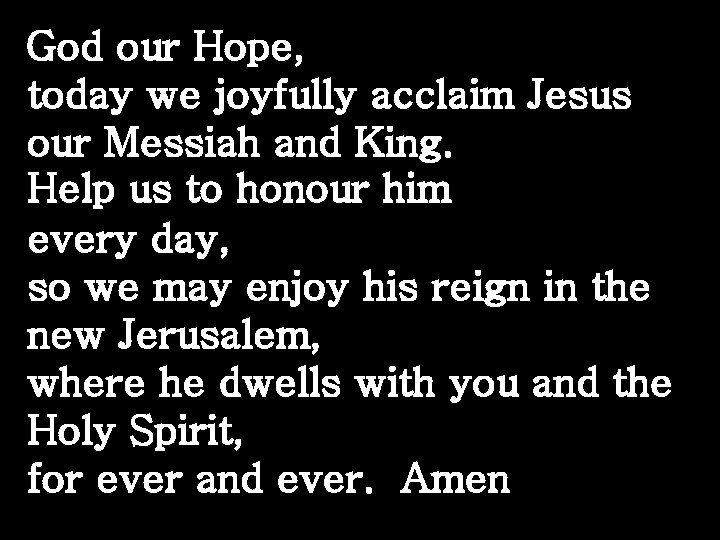 God our Hope, today we joyfully acclaim Jesus our Messiah and King. Help us