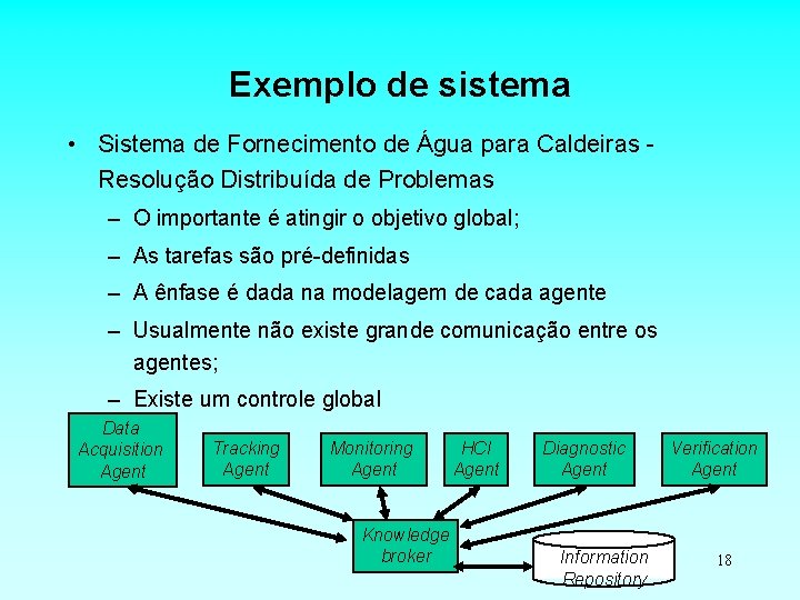 Exemplo de sistema • Sistema de Fornecimento de Água para Caldeiras Resolução Distribuída de