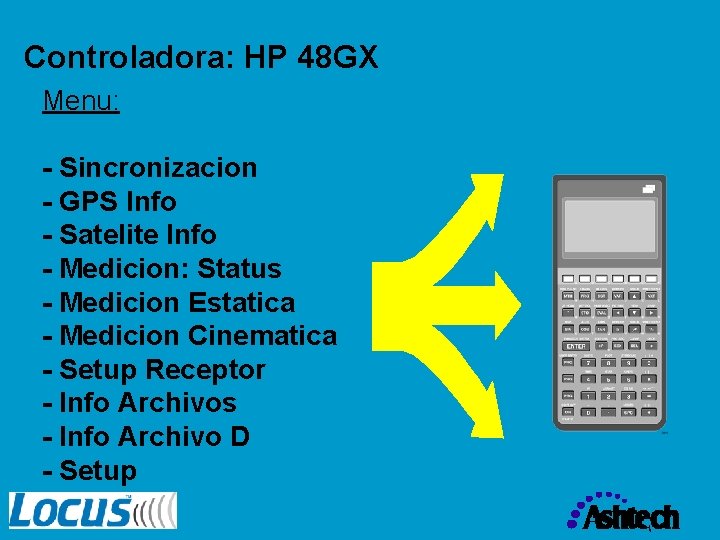 Controladora: HP 48 GX Menu: - Sincronizacion - GPS Info - Satelite Info -