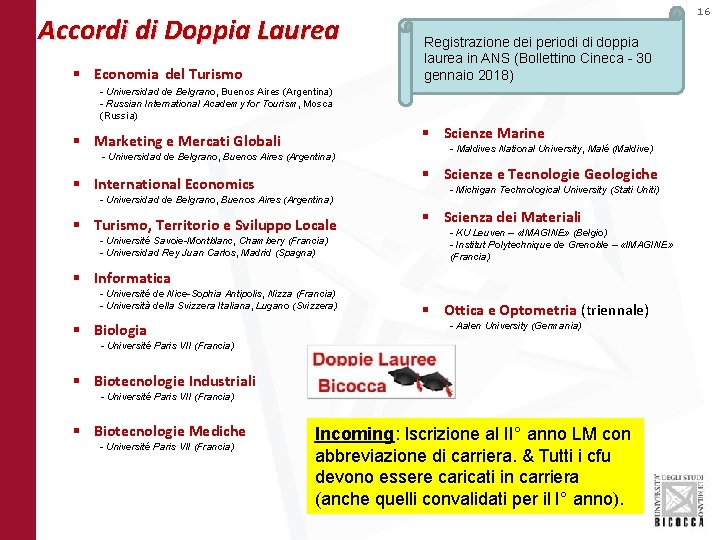 Accordi di Doppia Laurea § Economia del Turismo 16 Registrazione dei periodi di doppia