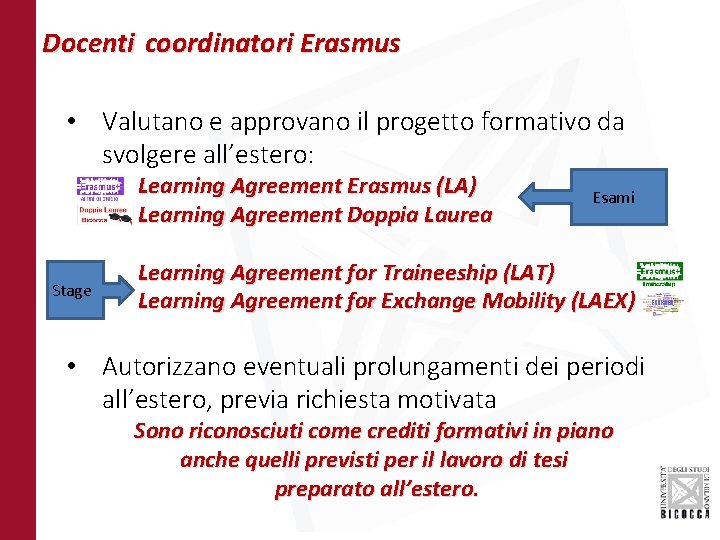 Docenti coordinatori Erasmus • Valutano e approvano il progetto formativo da svolgere all’estero: Learning