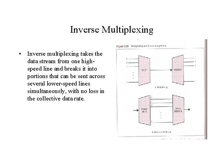 Inverse Multiplexing • Inverse multiplexing takes the data stream from one highspeed line and