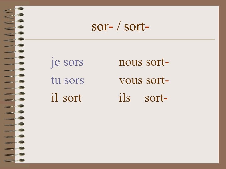 sor- / sortje sors tu sors il sort nous sortvous sortils sort- 