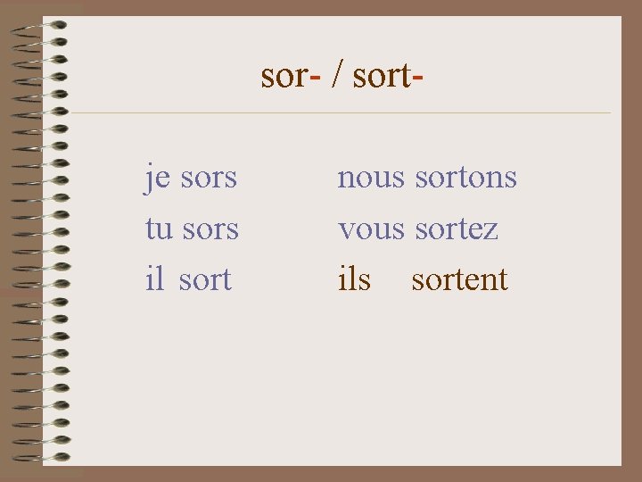 sor- / sortje sors tu sors il sort nous sortons vous sortez ils sortent