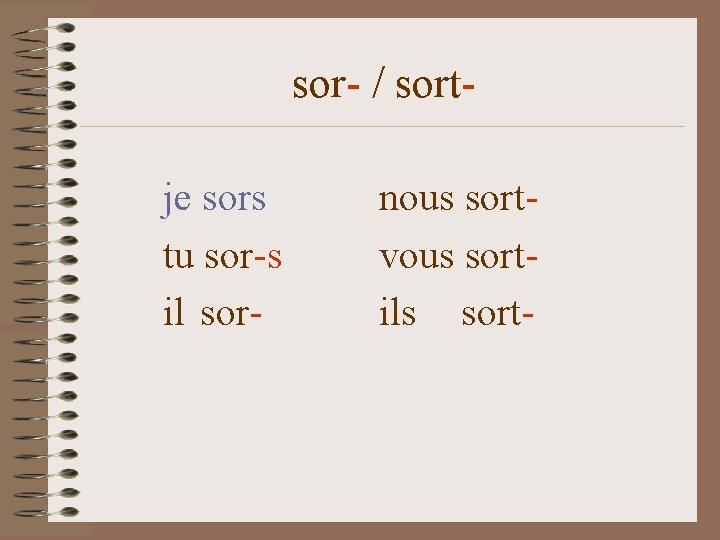 sor- / sortje sors tu sor-s il sor- nous sortvous sortils sort- 