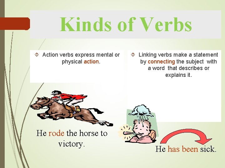 Kinds of Verbs Action verbs express mental or physical action. He rode the horse