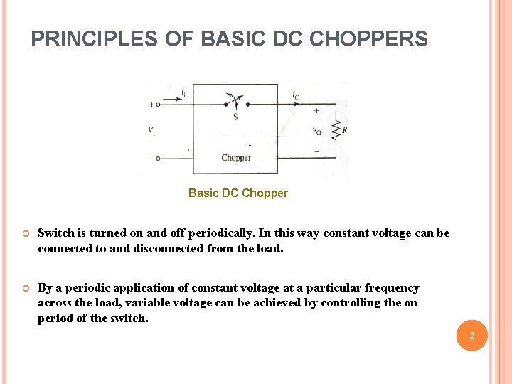 PRINCIPLES OF BASIC DC CHOPPERS Basic DC Chopper Switch is turned on and off