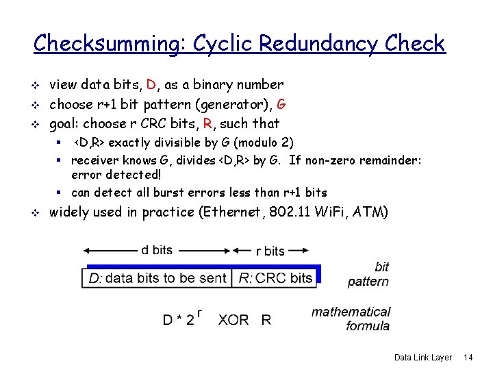 Checksumming: Cyclic Redundancy Check v view data bits, D, as a binary number choose