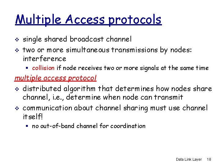 Multiple Access protocols v v single shared broadcast channel two or more simultaneous transmissions