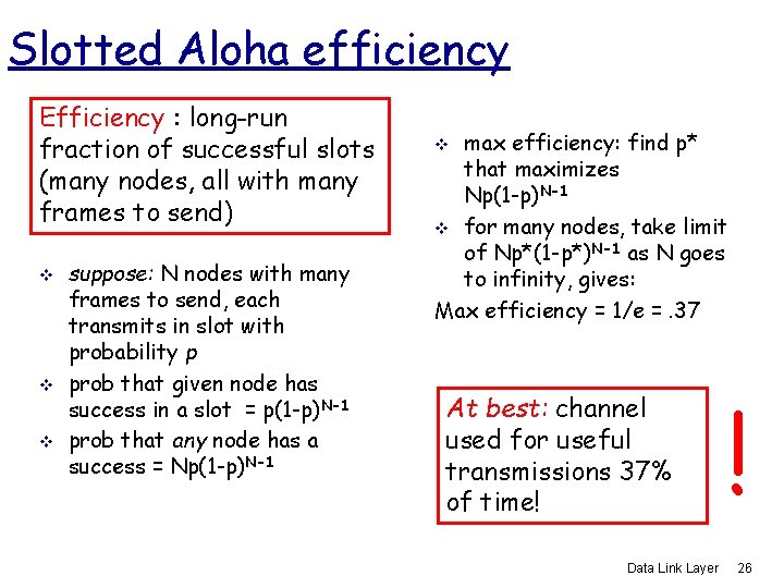 Slotted Aloha efficiency Efficiency : long-run fraction of successful slots (many nodes, all with