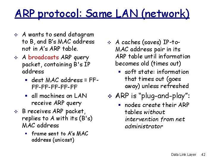 ARP protocol: Same LAN (network) v v v A wants to send datagram to