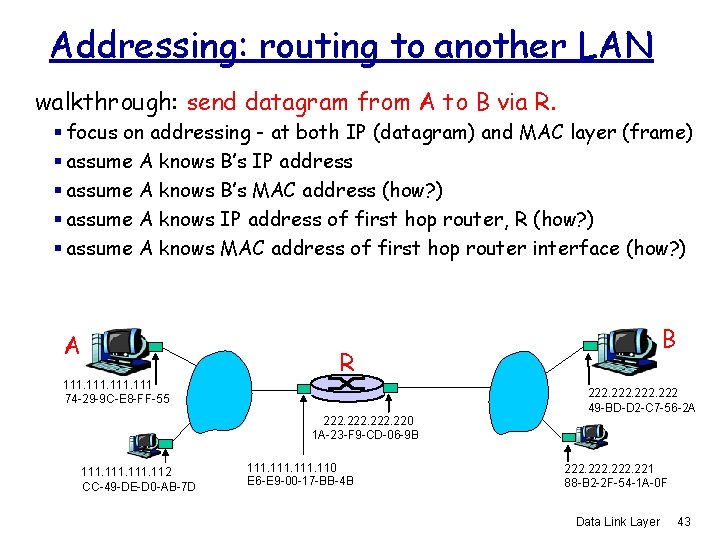 Addressing: routing to another LAN walkthrough: send datagram from A to B via R.