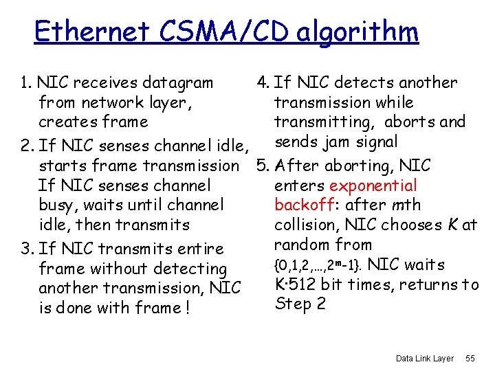 Ethernet CSMA/CD algorithm 1. NIC receives datagram 4. If NIC detects another from network