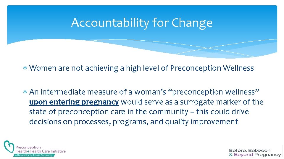 Accountability for Change Women are not achieving a high level of Preconception Wellness An