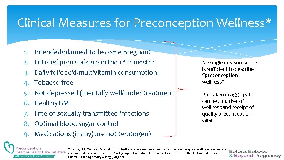 Clinical Measures for Preconception Wellness* 1. 2. 3. 4. 5. 6. 7. 8. 9.