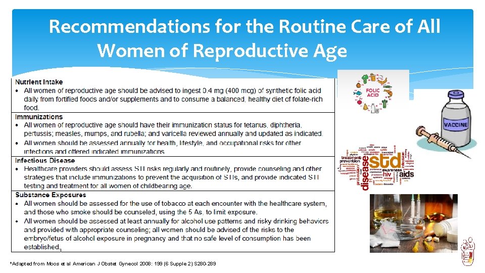 Recommendations for the Routine Care of All Women of Reproductive Age *Adapted from Moos