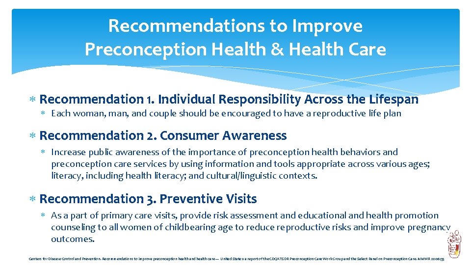 Recommendations to Improve Preconception Health & Health Care Recommendation 1. Individual Responsibility Across the