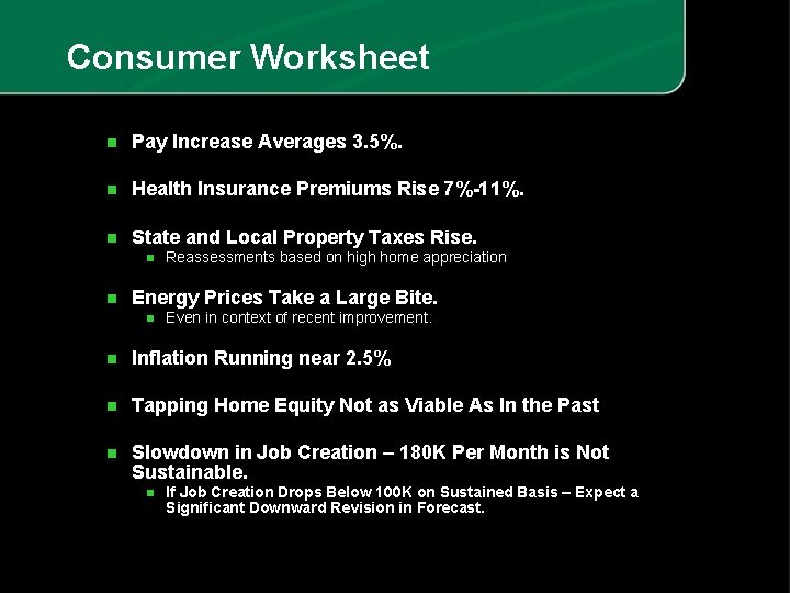 Consumer Worksheet n Pay Increase Averages 3. 5%. n Health Insurance Premiums Rise 7%-11%.