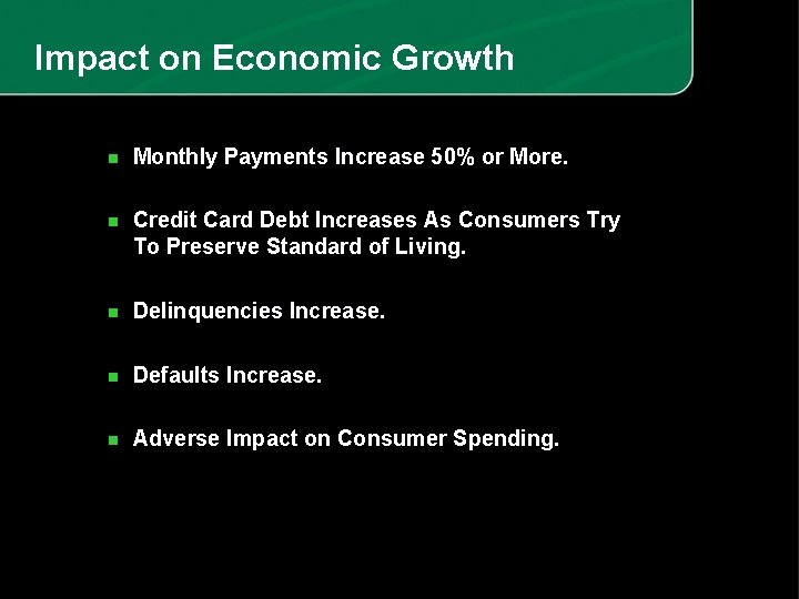 Impact on Economic Growth n Monthly Payments Increase 50% or More. n Credit Card