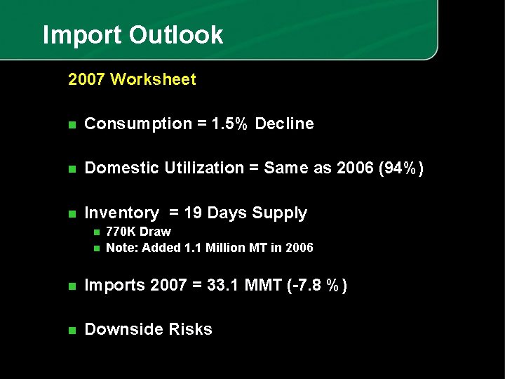 Import Outlook 2007 Worksheet n Consumption = 1. 5% Decline n Domestic Utilization =