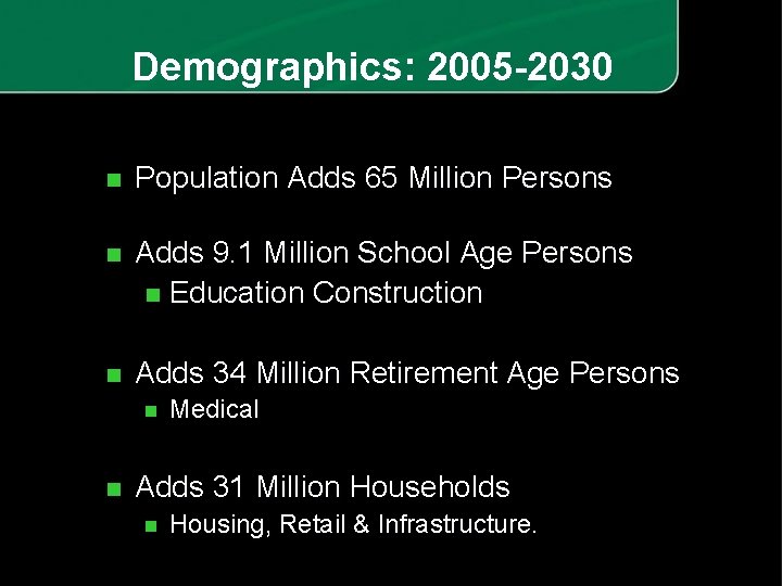 Demographics: 2005 -2030 n Population Adds 65 Million Persons n Adds 9. 1 Million