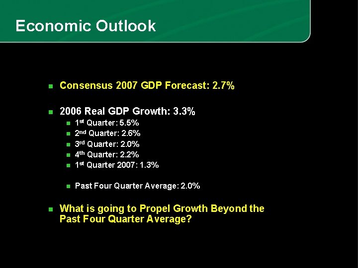 Economic Outlook n Consensus 2007 GDP Forecast: 2. 7% n 2006 Real GDP Growth: