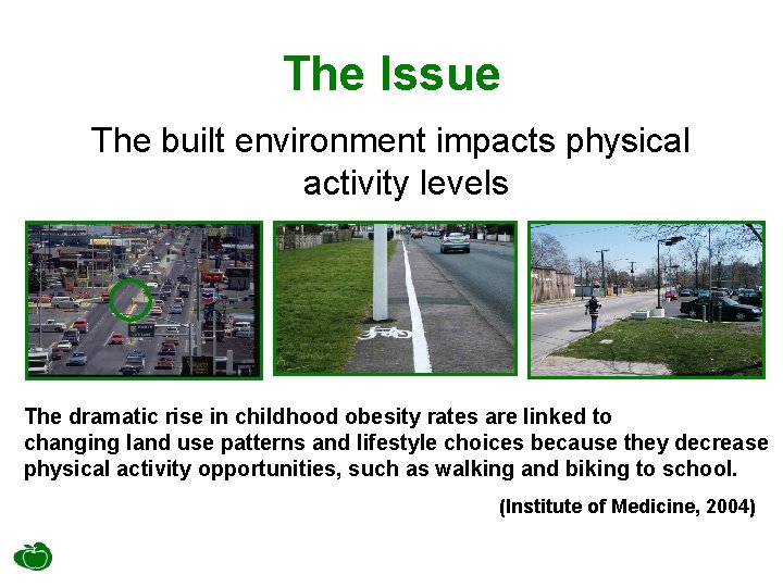 The Issue The built environment impacts physical activity levels The dramatic rise in childhood