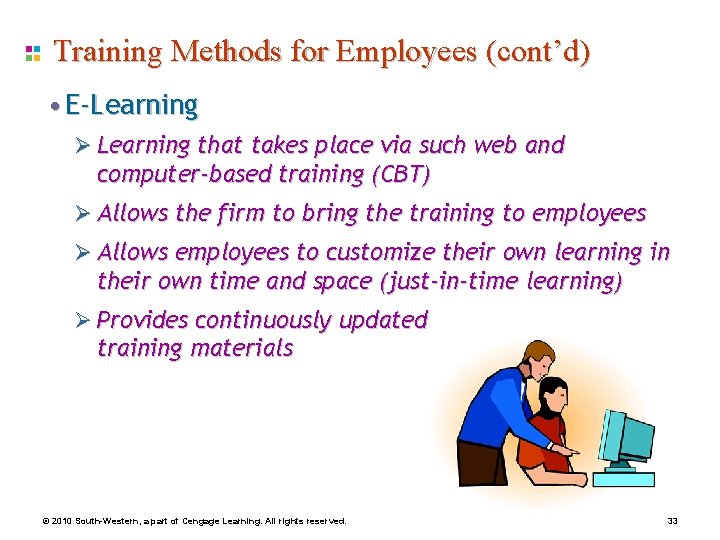 Training Methods for Employees (cont’d) • E-Learning Ø Learning that takes place via such