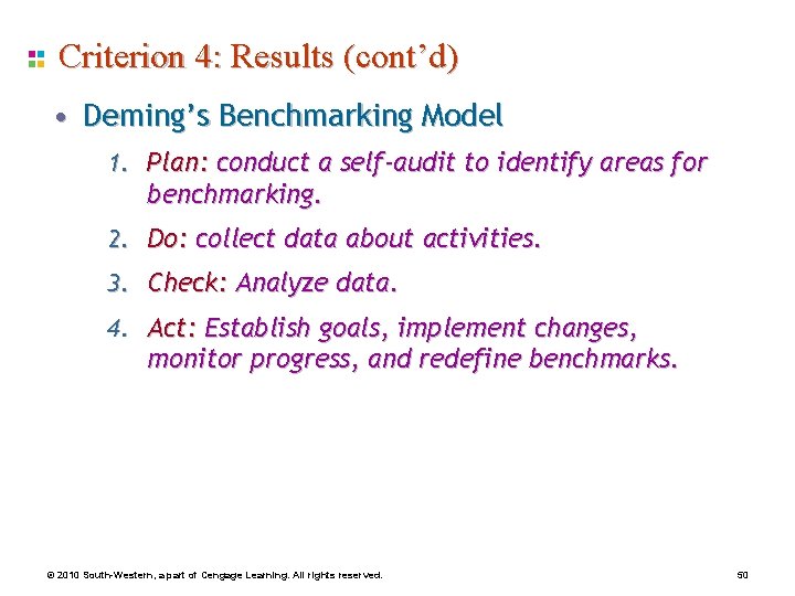 Criterion 4: Results (cont’d) • Deming’s Benchmarking Model 1. Plan: conduct a self-audit to