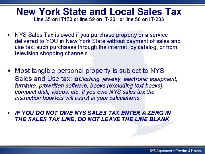 New York State and Local Sales Tax Line 35 on IT 150 or line