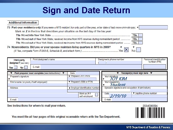 Sign and Date Return JOY KIM Student 2/19/10 