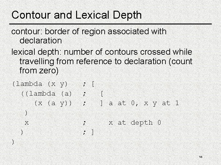 Contour and Lexical Depth contour: border of region associated with declaration lexical depth: number Contour and Lexical Depth contour: border of region associated with declaration lexical depth: number