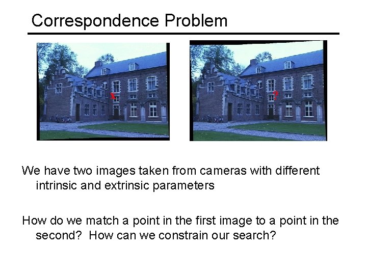Correspondence Problem x ? We have two images taken from cameras with different intrinsic