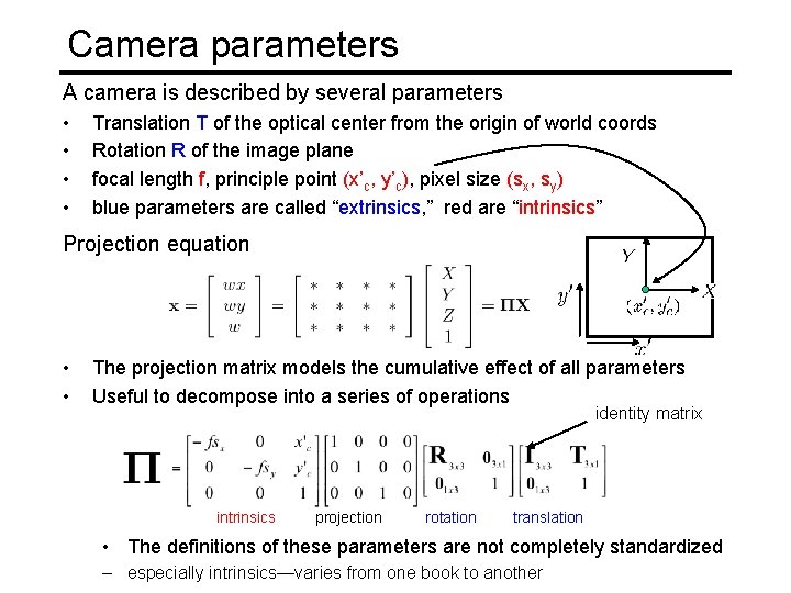 Camera parameters A camera is described by several parameters • • Translation T of