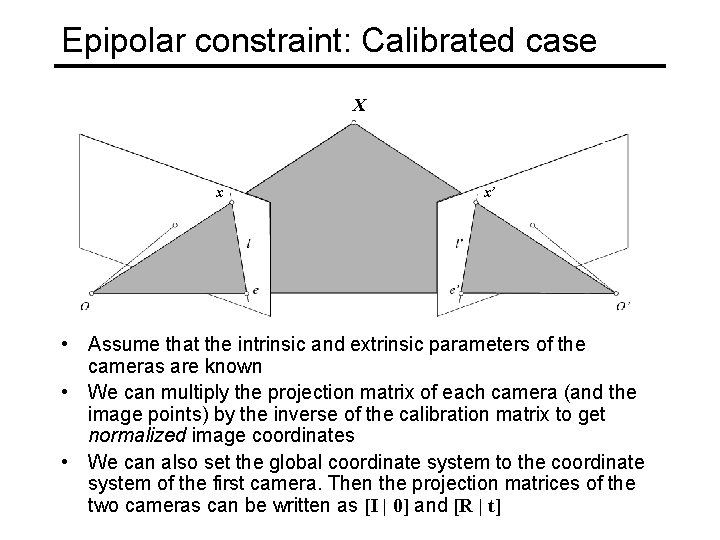 Epipolar constraint: Calibrated case X x x’ • Assume that the intrinsic and extrinsic