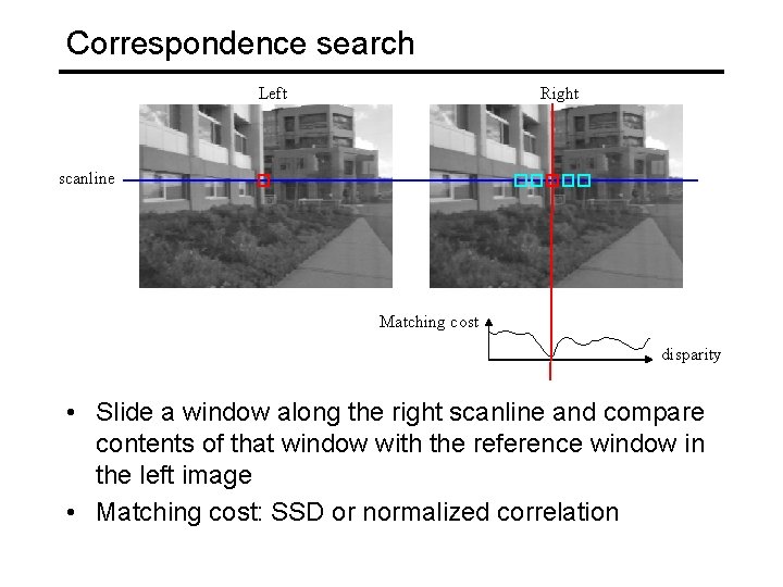 Correspondence search Left Right scanline Matching cost disparity • Slide a window along the
