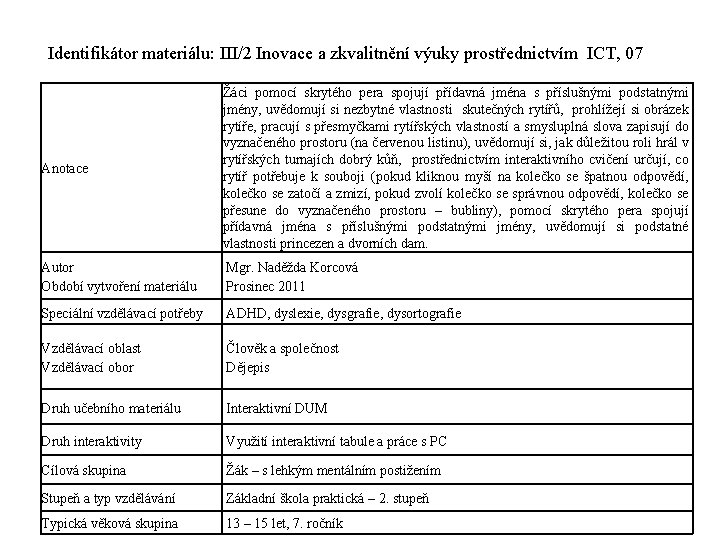 Identifikátor materiálu: III/2 Inovace a zkvalitnění výuky prostřednictvím ICT, 07 Anotace Žáci pomocí skrytého